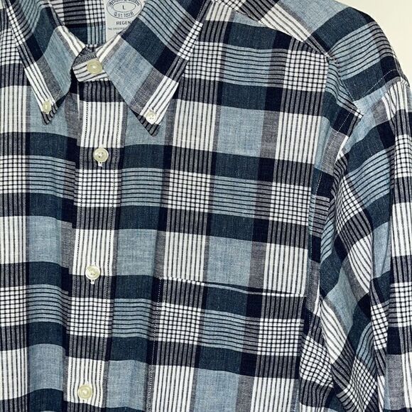 Brooks Brothers Regent model Blue Check Plaid Tartan LS Cotton casual shirt L - Picture 3 of 5